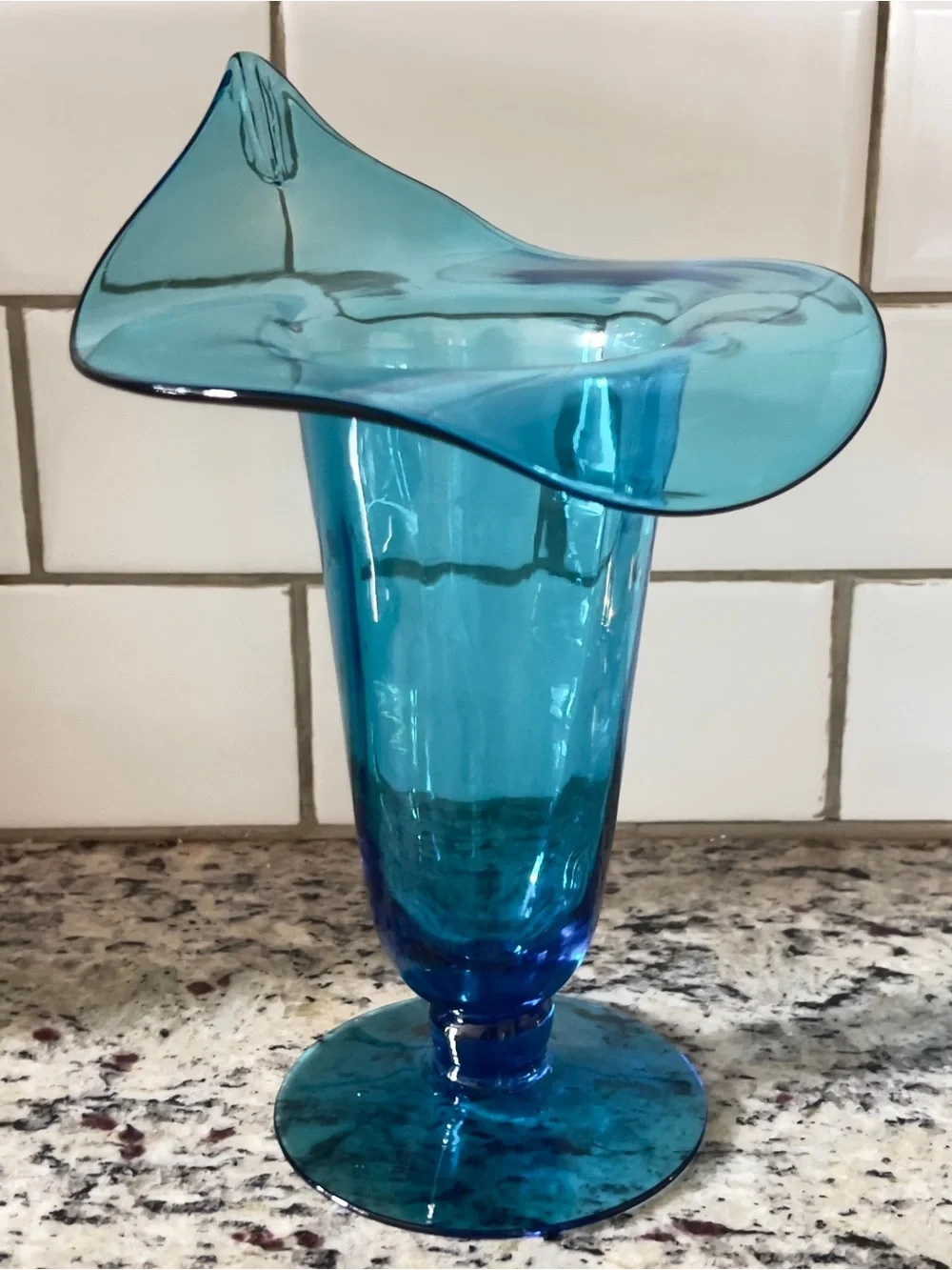 Vtg Bischoff Glass Peacock Blue Ruffled Trumpet Vase MCM
